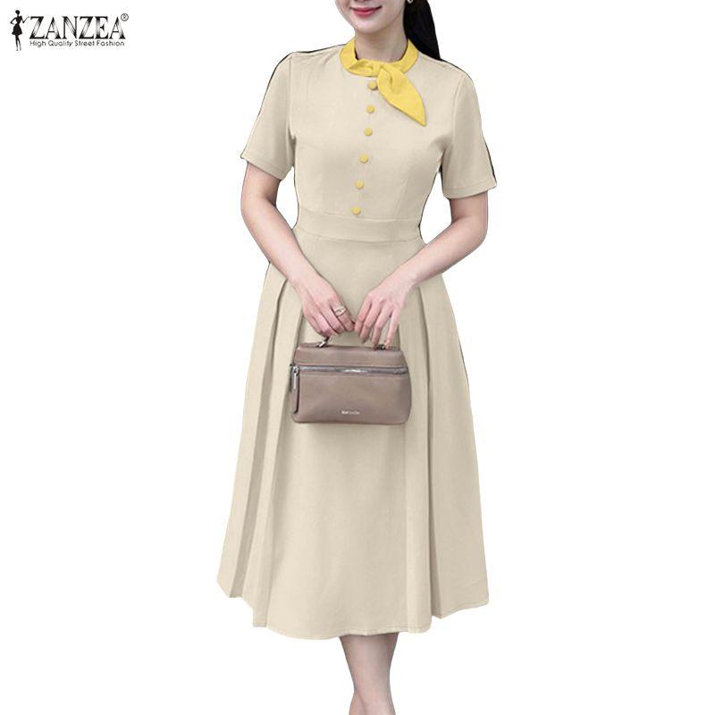ZANZEA Women Splice Round Neck Casual Short Sleeve Dress