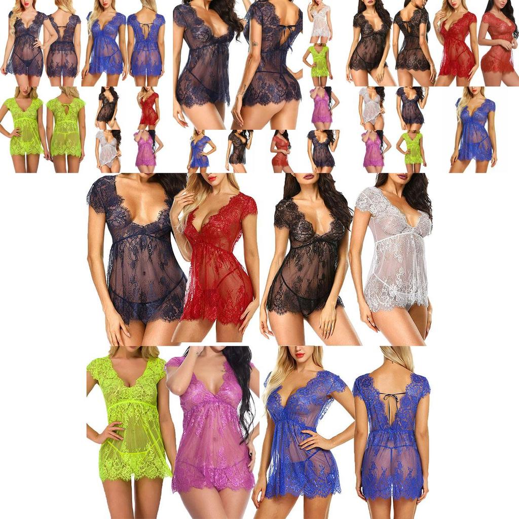 Luxurious Women Eyelash Lace Sexy Lingerie See-through Babydoll Sleepwear Dress T-back Set For Elegant Nights