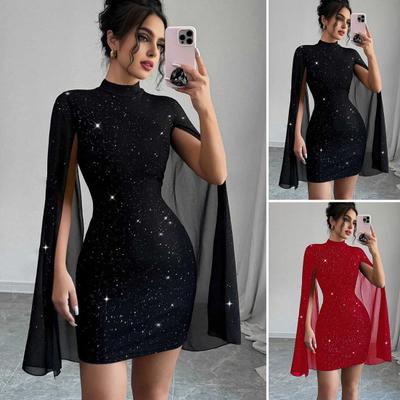 Women's Glitter Cloak Sleeve Mini Dress Sexy Mock Neck Cocktail Party Dress Going Out Wedding