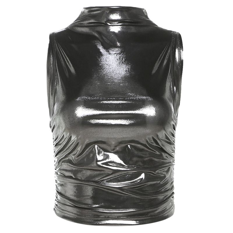 

Weird Puss Surrealism Liquid Metal Sense Skinny Versatile Half Turtleneck Vest Female Slim Looking Tops Silver S