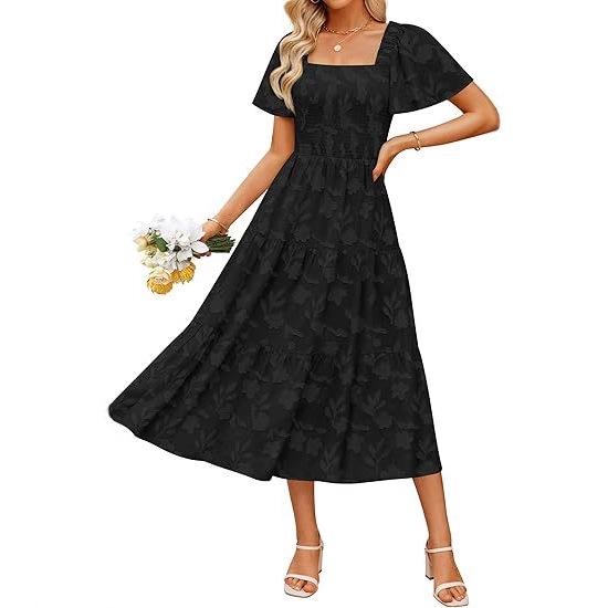 Bohemian Floral Square Neck Midi Dress - Women's Short-Sleeve Fashion