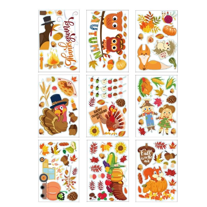 9 Sheets Thanksgiving Day Adhesive Electrostatic Stickers Decorations Decal Maple Leaf Larch Fruits Party Supplies