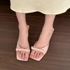 High heels women's summer 2025 new French pink bow sandals one-word stiletto square head outer slippers