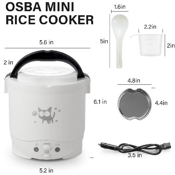 OSBA Mini Rice Cooker, 1L Small Rice Cooker 2 Cup-uncooked Travel Rice Maker 12V for Car with Steamer, Auto Keep Warm Suitable For 1-2 People, White