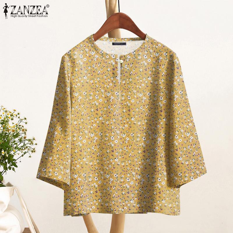 ZANZEA Damska codzienna bluzka z rękawem 3/4, luźna, z okrągłym dekoltem i kwiatowym nadrukiem
