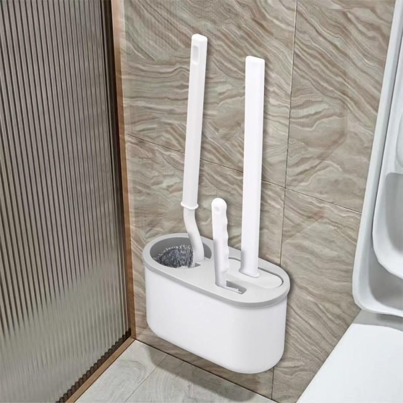 Wall-Mounted Long-Handled Soft Bristle Toilet Brush Set for Thorough Bathroom Cleaning