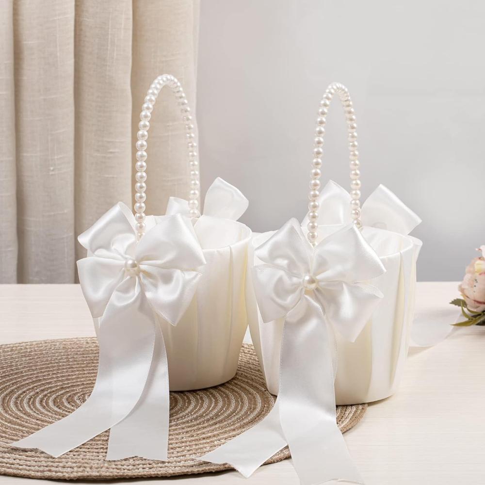Cestas de Flores para Daminhas de Casamento com Alça Fofa de Pérola Laço Cestas de Flores de Cetim para Cerimônia de Casamento, Marfim