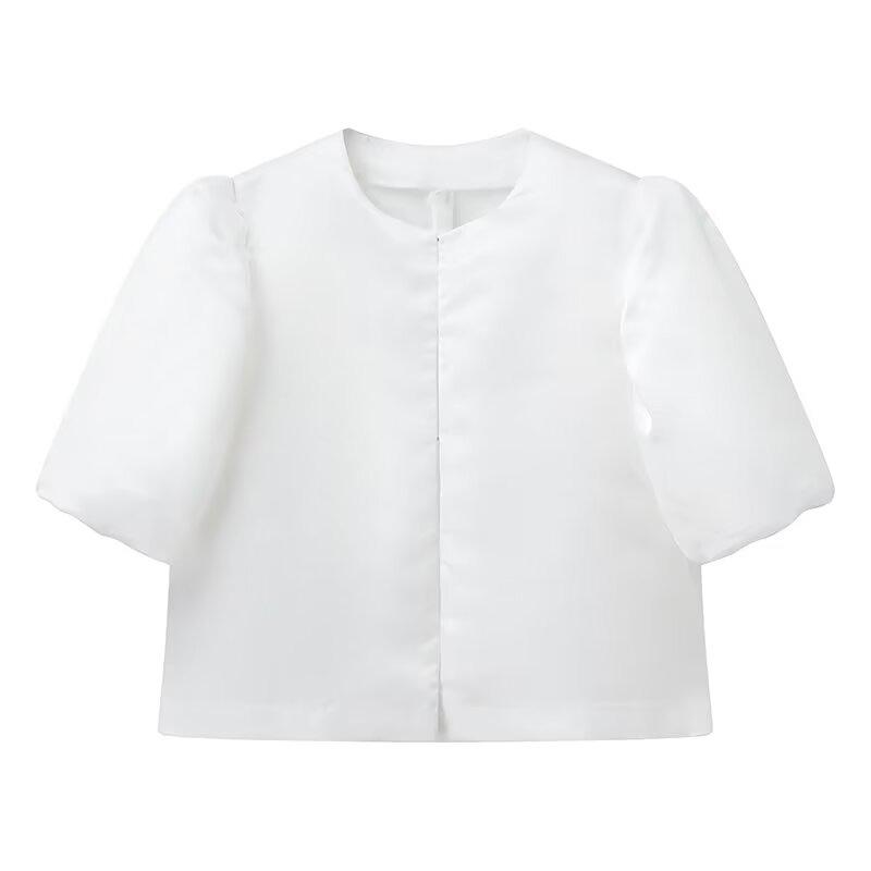 Damen Bluse Top mit Puffärmeln Einfarbig Satin Shirt Neu Frühling Sommer Damen Ärmel O Hals Locker Kurz Shirt Damen Blusen