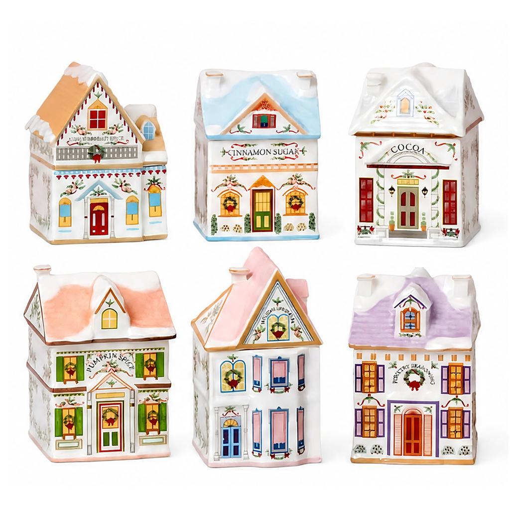 Set Casa delle Spezie del Villaggio di Natale da 6 Pezzi Ornamento a Forma di Casa Set Scatola Portaoggetti Mini Vasetti Casa delle Spezie del Villaggio per Villaggio di Natale Decorazioni per la Casa