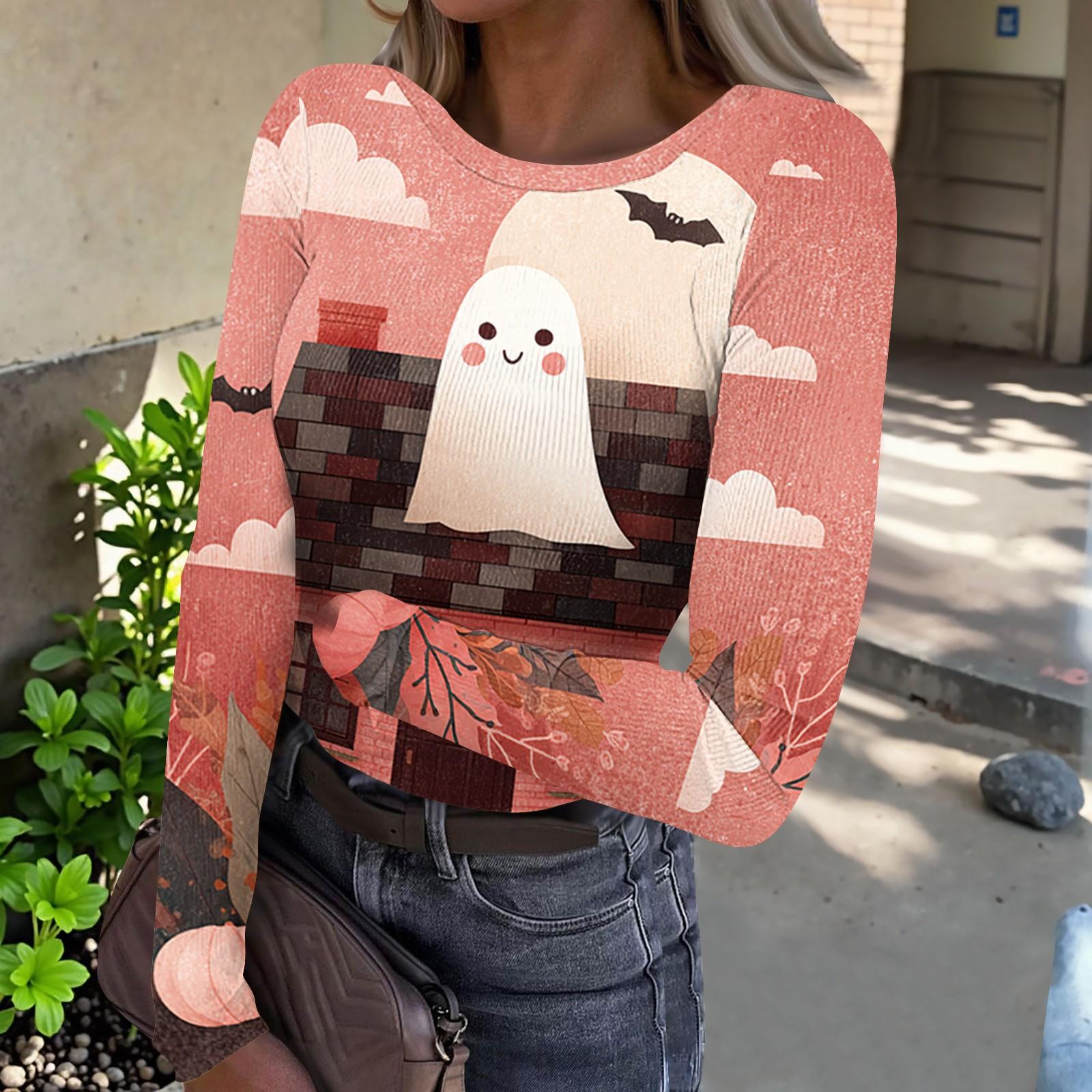 Women s Casual Round Neck Long Sleeve Ribbed Halloween Print Top S