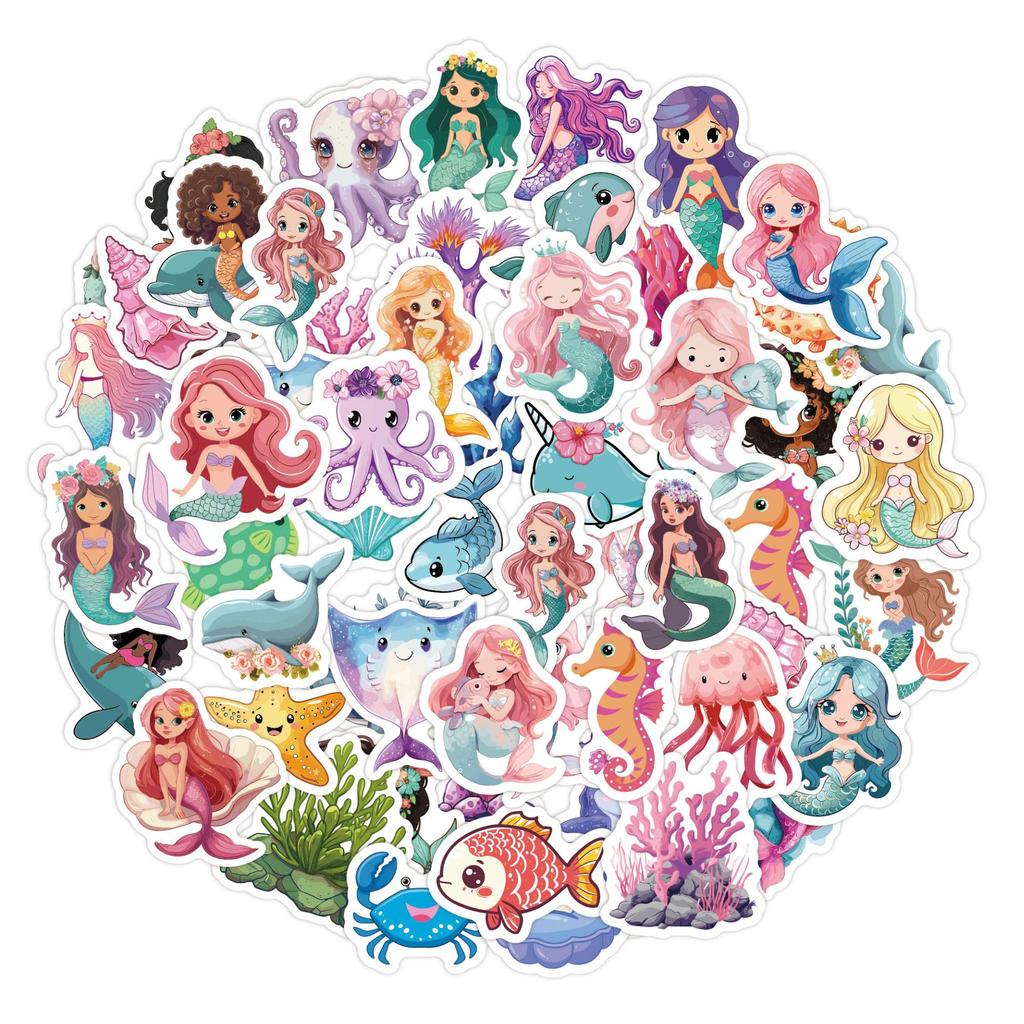 50pcs Original mermaid princess stickers for children, waterproof cartoon graffiti luggage mermaid stickers