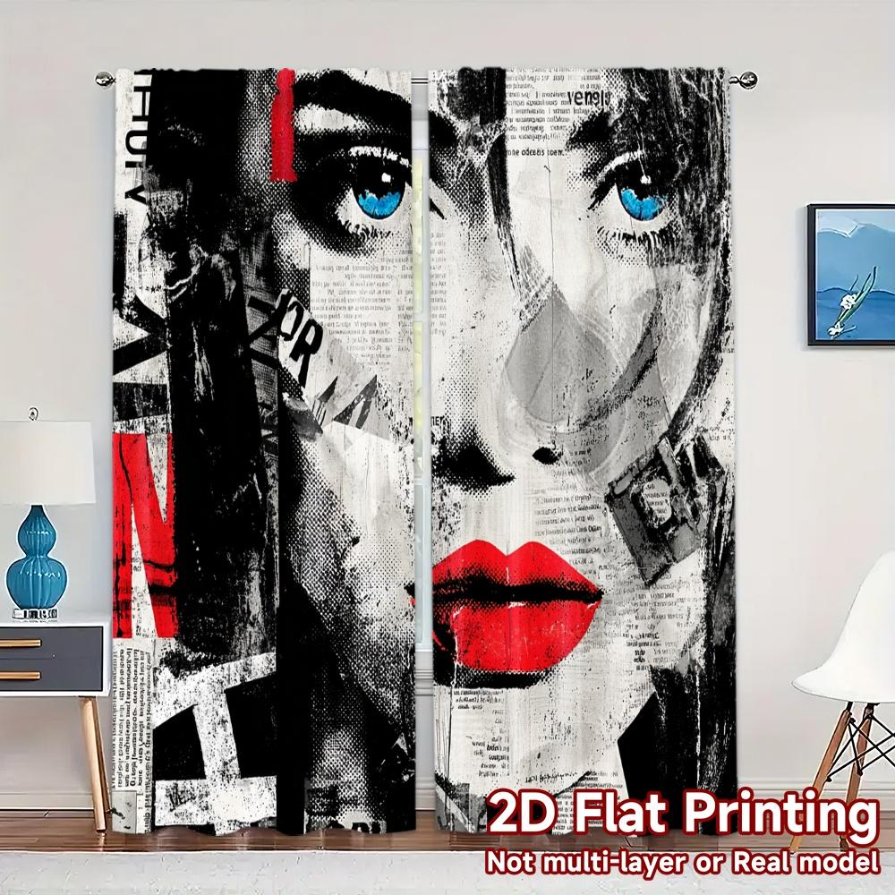 

Set Of 2 Flat Printing Jit Curtains Without Rod Avant Garde Muse Chic Fashionable Versatile Polyester Made W100*H70(CM)-Hooks&2PCS