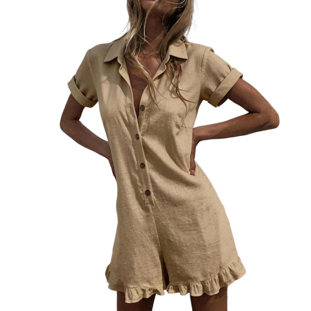 Mono de manga corta con botones para mujer, con cuello camisero y bajo con volantes, mono informal de corte holgado