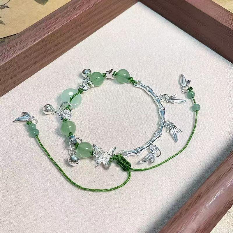 Chinese Style Jewelry Lucky Beads Weaving Alloy Bracelet Pendant Chain Glass Bead Butterfly Bracelet Charm Stretchable Wristband