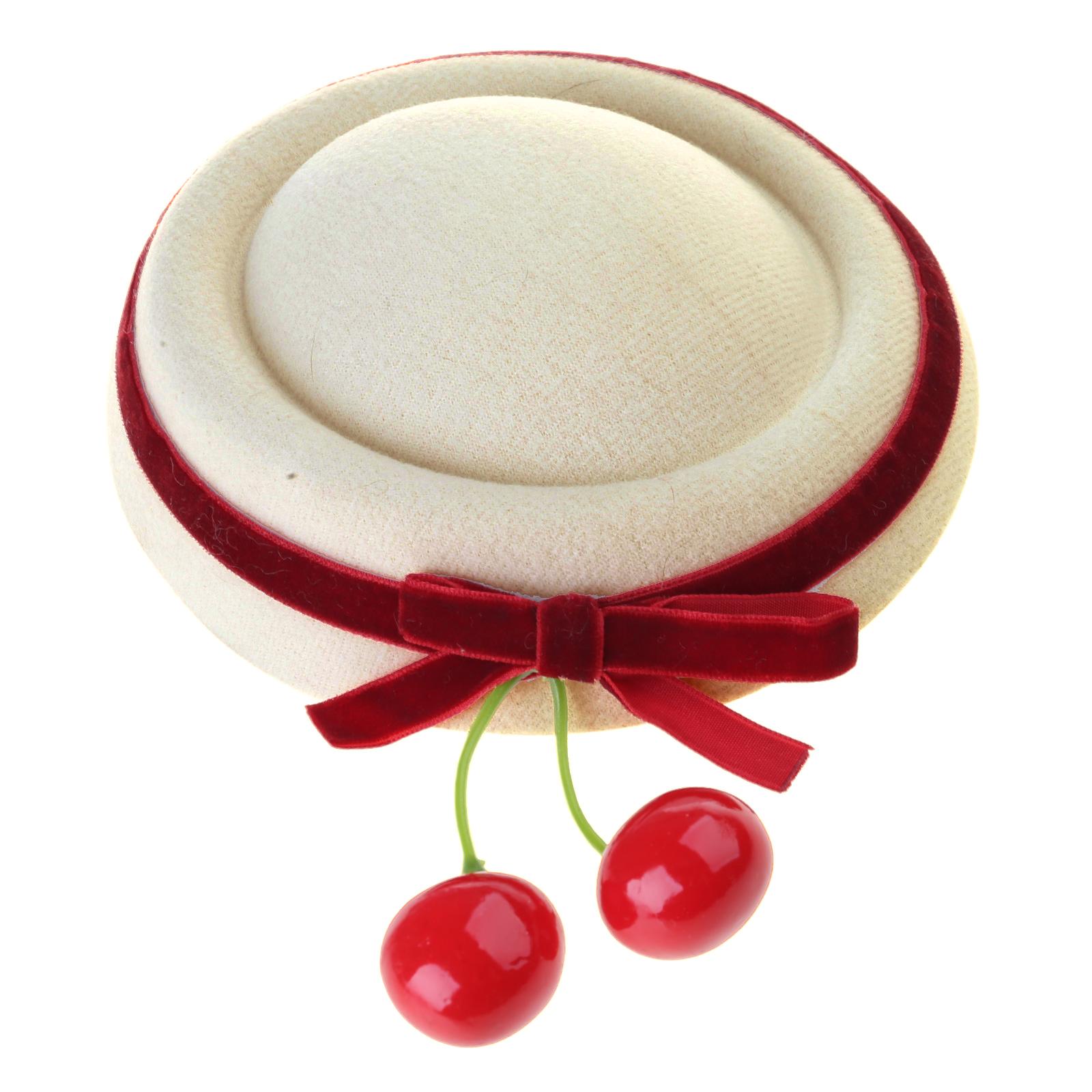 

Маленькая шляпка-берет с вишневым бантом, заколка для волос для женщин и девушек, милый берет, головной аксессуар для вечерней вечеринки и повседневной носки белый