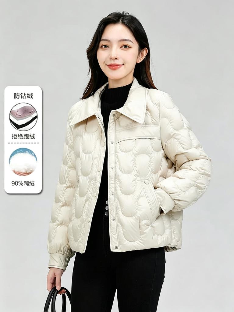 New winter women's down jacket beige rhombus quilted short lapel jacket warm commuting versatile