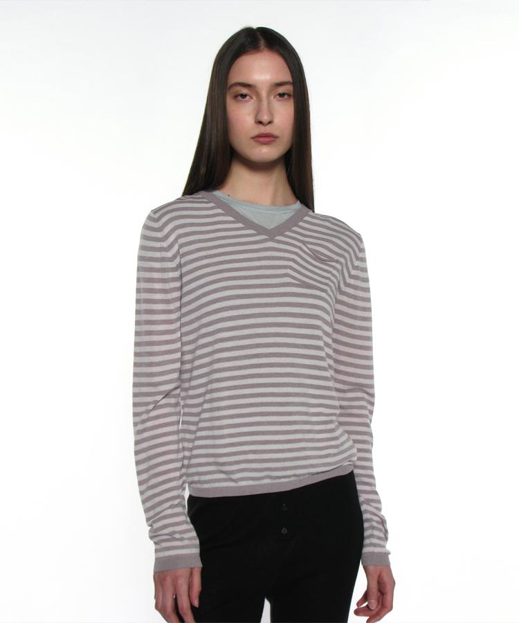 PARTIMENTO WOMEN Pwc Sheer V-Neck Knit Sweater_Gray Stripe