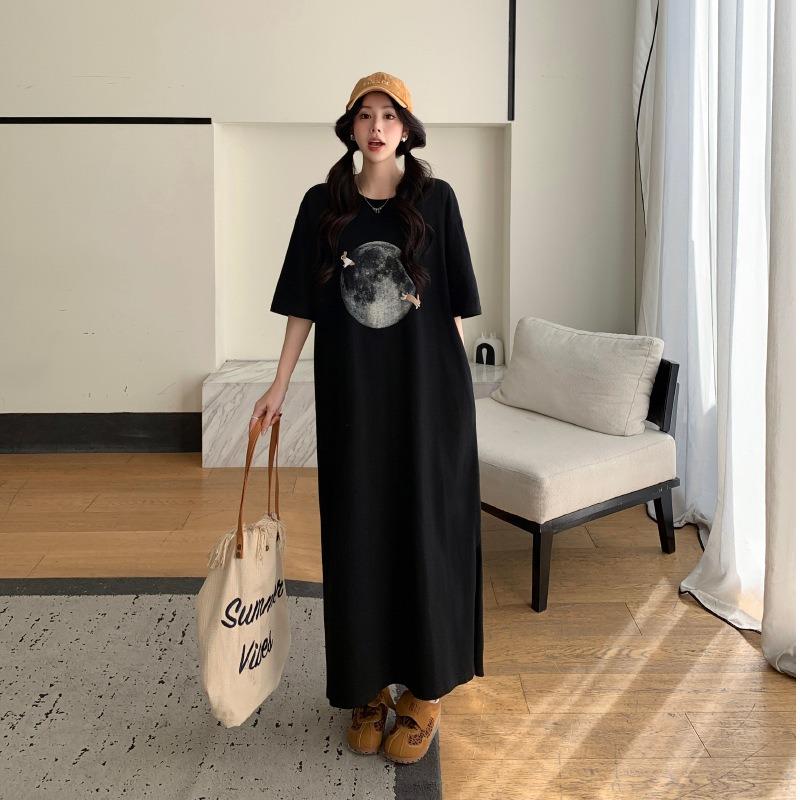 Sommar tryckt kortärmad t-shirtkjol Mode och casual Över knät Plus Lång Plusstorlek Klänning