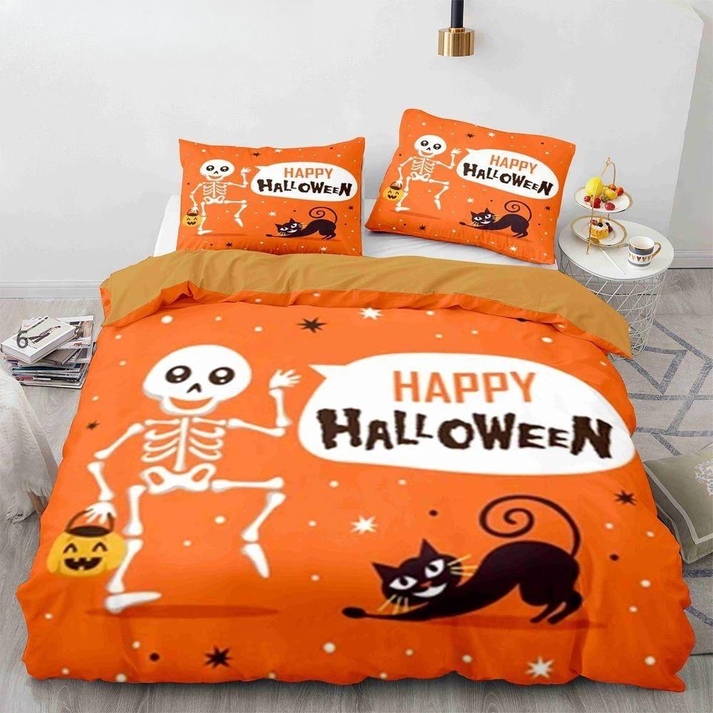 Sugar Skull King Queen Duvet Cover Funny Skeleton Halloween Bedding Set Gothic Spooky Bone Quilt Cover Polyester Comforter Cover