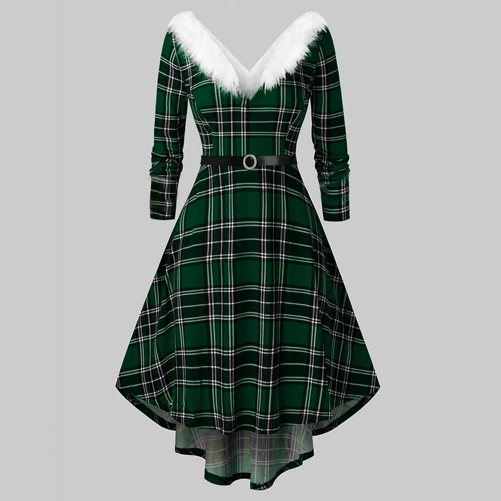 Women's Fashion Retro Christmas Print Dress Ladies Long Sleeve Dress Irregular Design