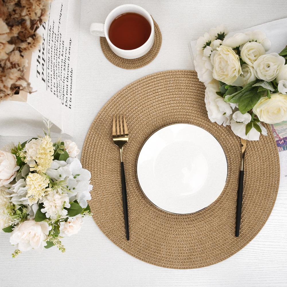 Set of 6 Round Braided Table Mat Washable Placemats Non Slip Heat Resistant for Kitchen Dining Tables Pad With 6Pc Cup Coasters