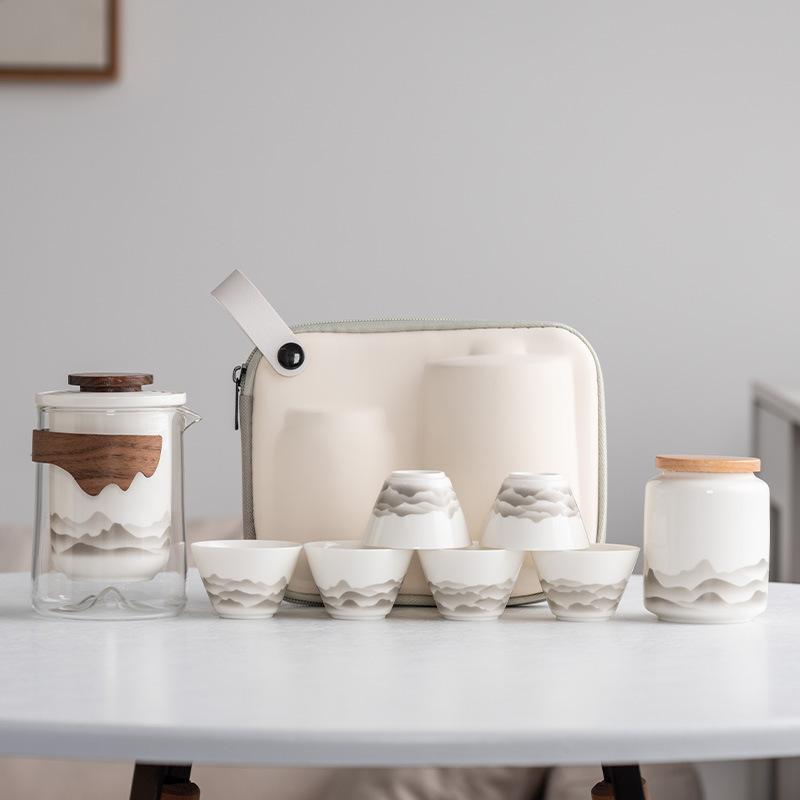 Suet Jade White Porcelain Guochao Ink and Wash Travel Tea Set, a Pot of Four or Six Cups, New Chinese Express Cup Light Luxury Business Gifts