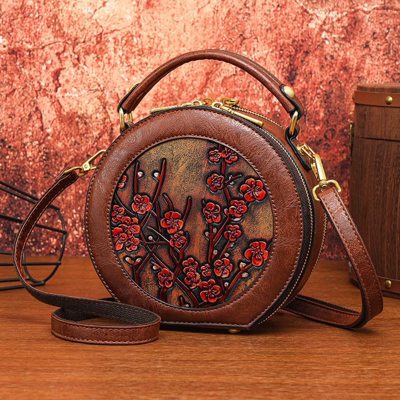 Ethnic Vintage Round Crossbody - Handmade Carved Flower Women's Shoulder Bag Minimalist Texture Commuter Large Capacity Tote Bag