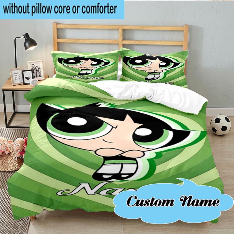 3PCS Custom Name Powerpuff Adventure Bedding Set, Including 1pc Duvet Cover And 2pcs Pillowcases, Suitable for Dorms and Bedrooms Gift