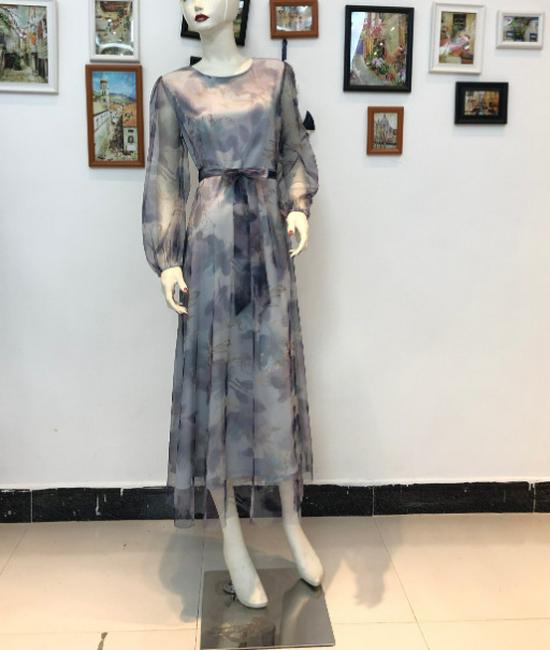 2025 French Elegant Women's Mesh Print Waist-Cinching Dress