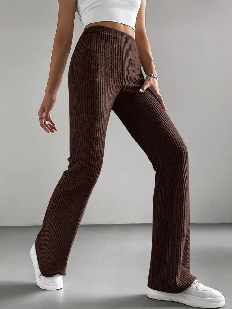 Spring and Autumn Bell-Bottom Pants for Women Solid-Color Casual Pants with Ribbed Knit Fashionable and Versatile Slim-Fit Long Pants