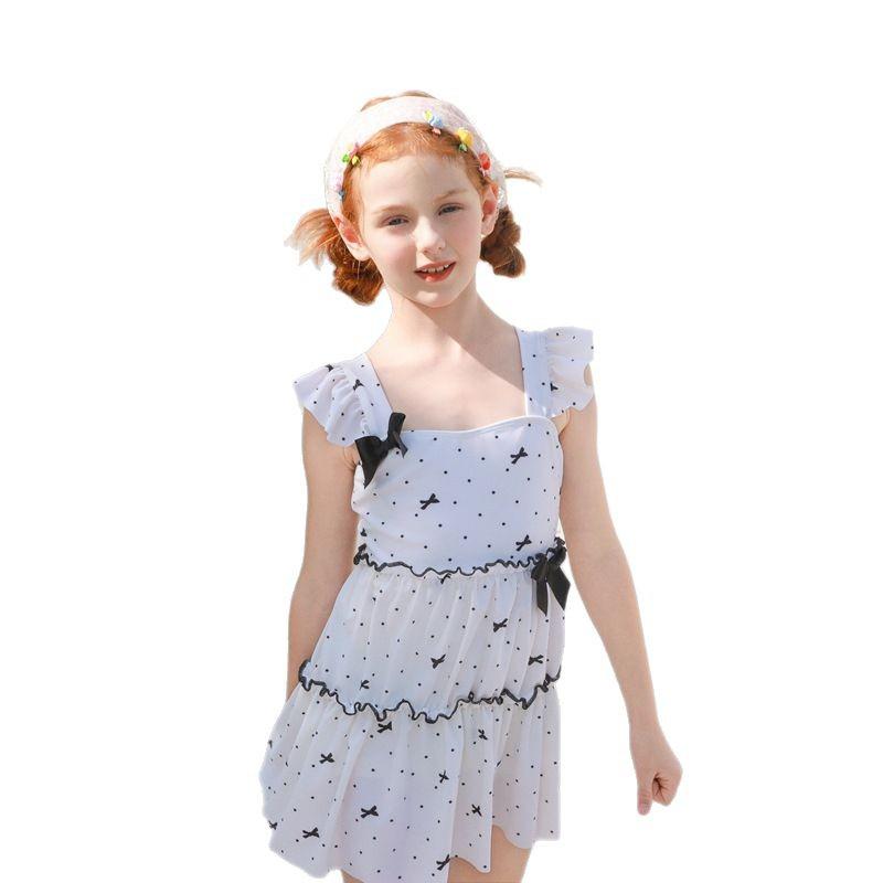 Korean-Style Polka Dot Bow Backless Halterneck Swimsuit for Toddlers and Kids