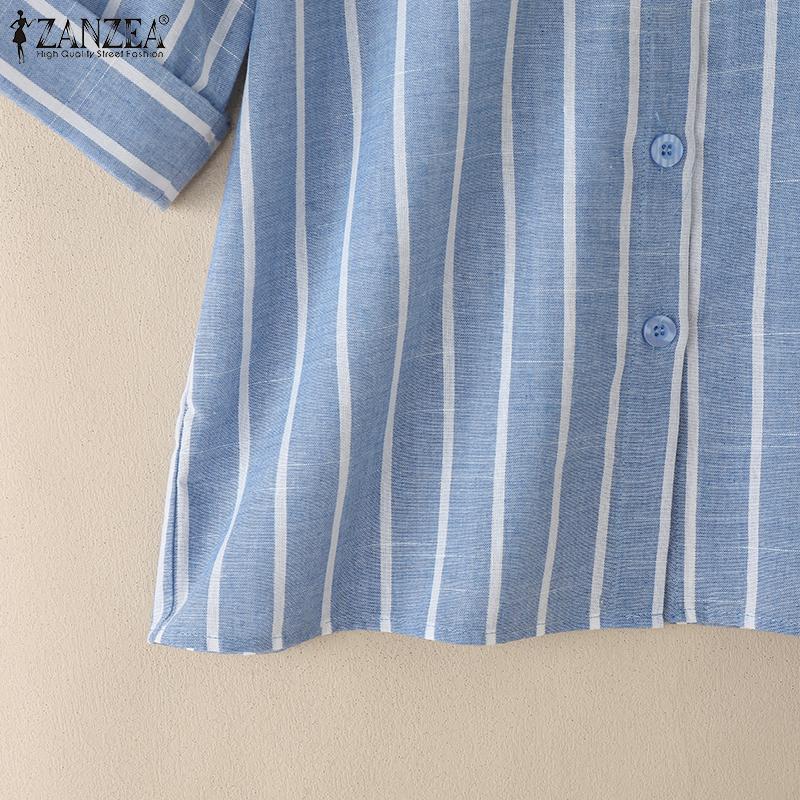 ZANZEA Women Turn Down Collar Loose 3/4 Sleeve Stripe Blouse