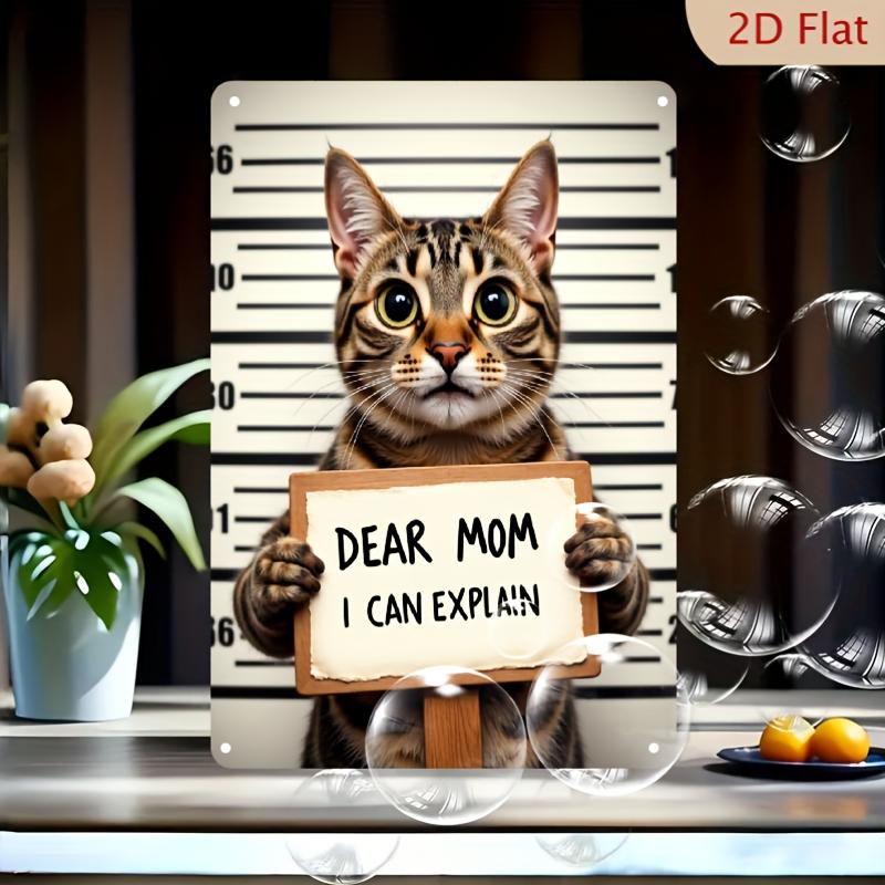 Vintage Metal Foil Cat Wall Art  Humorous Gray Cat with Yellow Eyes Dear Mom I Can Explain