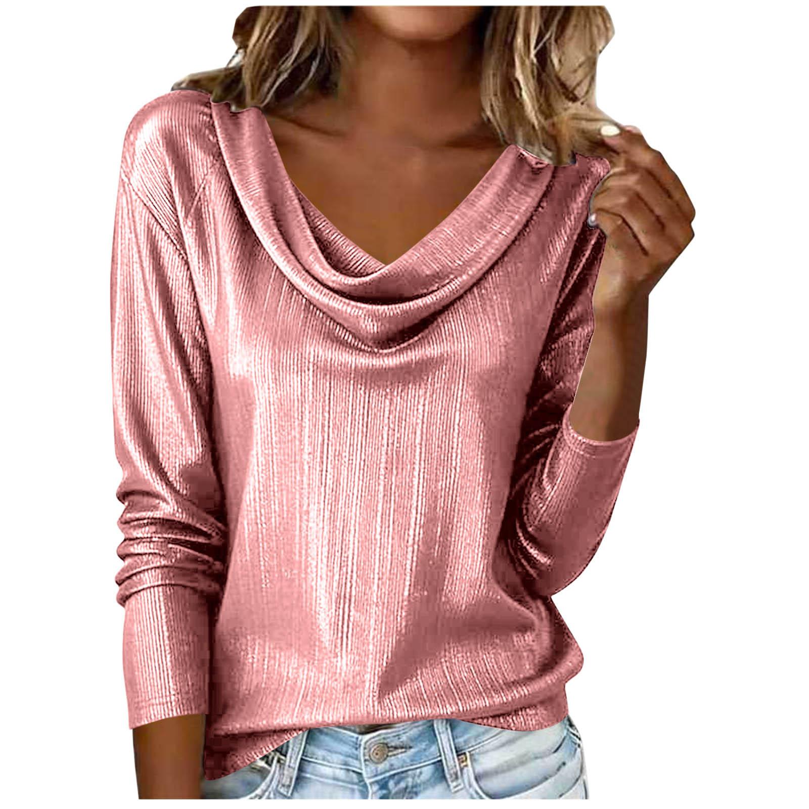 

Women s Fashionable Loose Fit V-Neck Long-Sleeve Casual Top L рожевий
