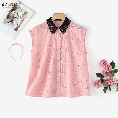 Women Lace Splice Collar Casual Sleeveless Hollow Crochet Tank Tops