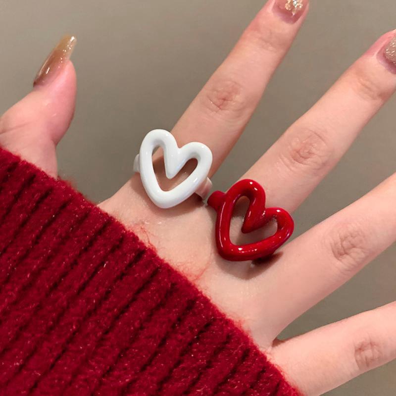 LATS White Red Enamel Heart Sweet Ring for Women Girls Trendy Geometric Dripping Oil Y2K Opening Rings Jewelry Gift Wholesale