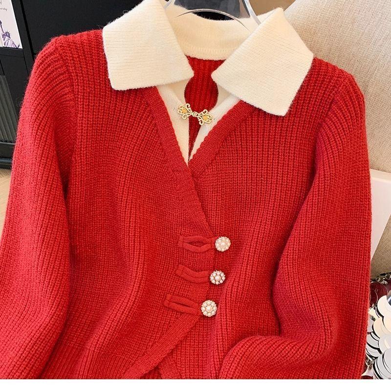 Autumn Design Splicing Two Cardigans Temperament Sweater Knitted Top Versatile Autumn and Winter Coat