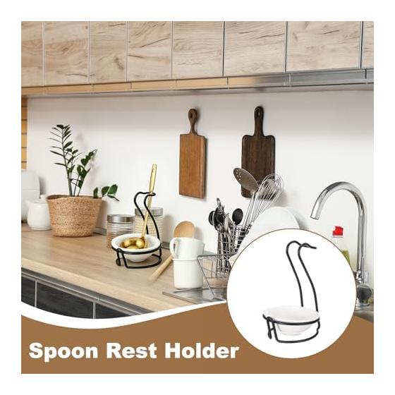 Uxcell Spoon Rest Holder, Stainless Steel Upright Rack Set with Round Ceramic Bowl, Portable Spoon Rest for Kitchen, Home, Restaurant - Black, Bent