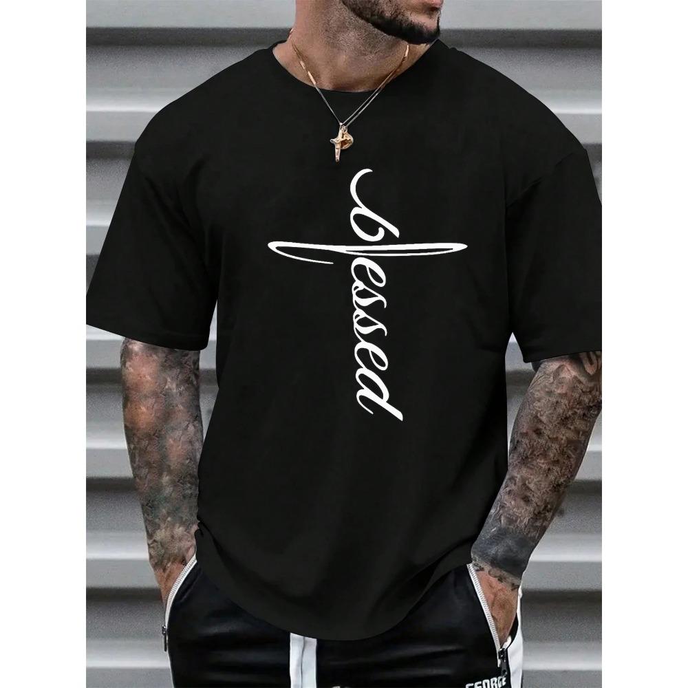 Cotton Summer Men's Fashionable Faith Blessed Letter Printed Round Neck Short Sleeved T-shirt Top