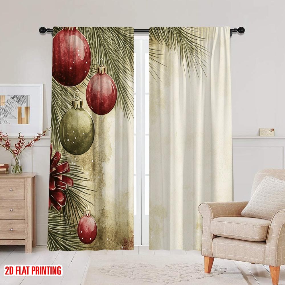 2 Stück, 2D-Flachdruck Vorhangstoff Weihnachtskugeln Kiefernzweige (3) Vielseitiges Polyester (ohne Stange) Perfekt für alle Jahreszeiten