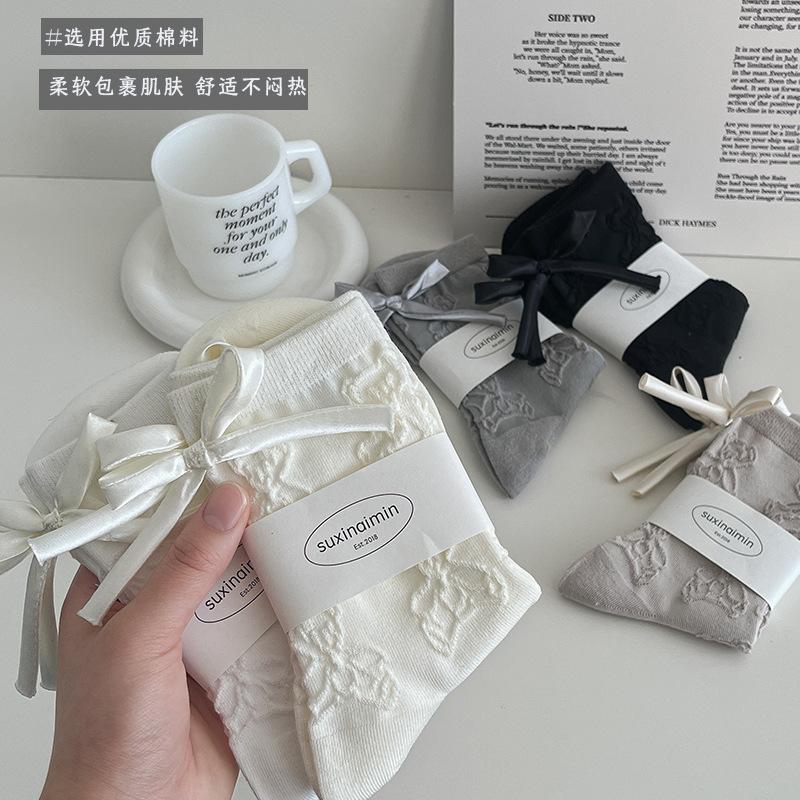 1 Pair Japanese Grey Bow 3D Bear Calf Socks Kawaii Vintage Seamless Pile Loose Socks for Girl Spring Summer Thin Casual Socks