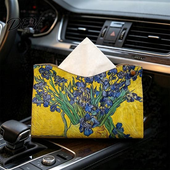 Multipurpose Tissue Box Leather Cover, Foldable Desktop Organizer, Oil Painting Style Napkin Holder Case, Reusable Facial Paper Organizer Dispenser,