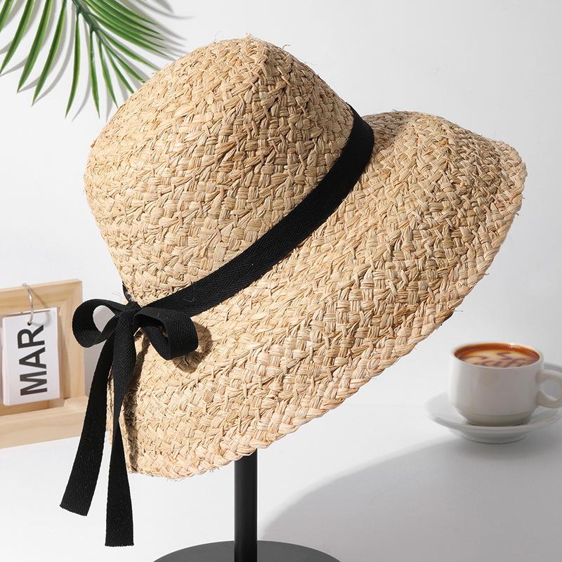 HH7330 ins summer long ribbon natural raffia grass Hepburn style Lampshade shape lady bucket hat Outdoor women holiday beach cap