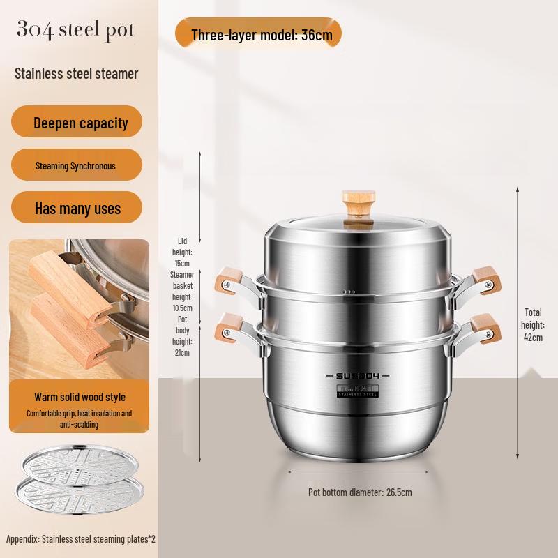 ZISIZ Wooden Handle 2-Layer Steamer Pot