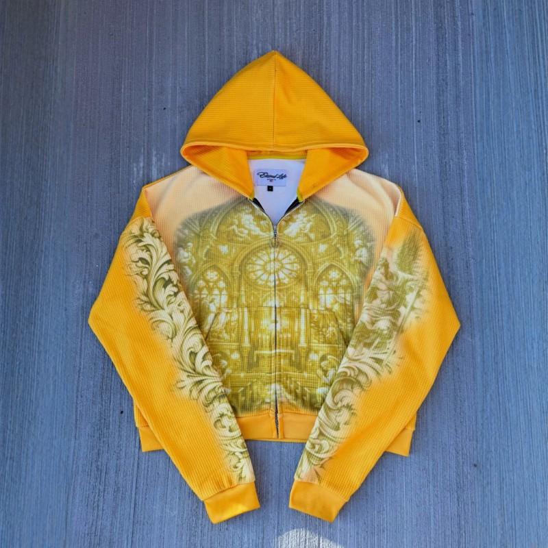 Felpa con zip vintage Y2K Giallo brillante Stampa dipinto a olio della chiesa Streetwear