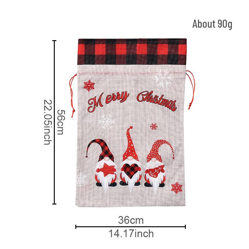 Plaid-Edged Burlap Christmas Gift Bag with Cartoon Forest Old Man Design