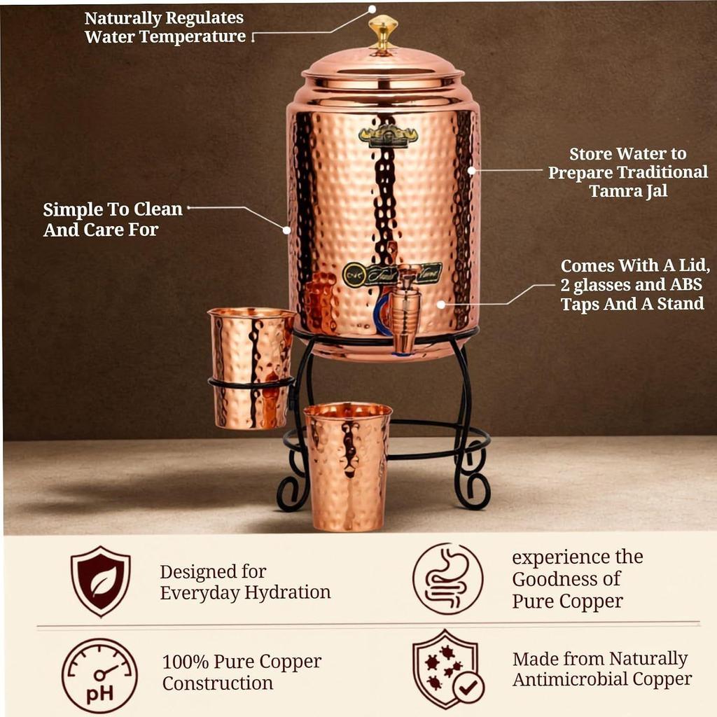 Copper Water Dispenser Set – 5 litres | Hammered Natural Finish | Includes Stand, 2 Glasses & ABS Tap | Ayurvedic Tamra Jal Water Storage Pot