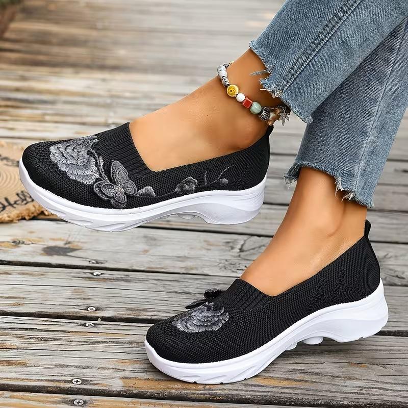 Damskie Buty Płaskie, Rozmiary Plus Size, Haftowane Buty Codzienne, Oddychające Tkane Fly Weave Wsuwane Buty Lazy dla Kobiet