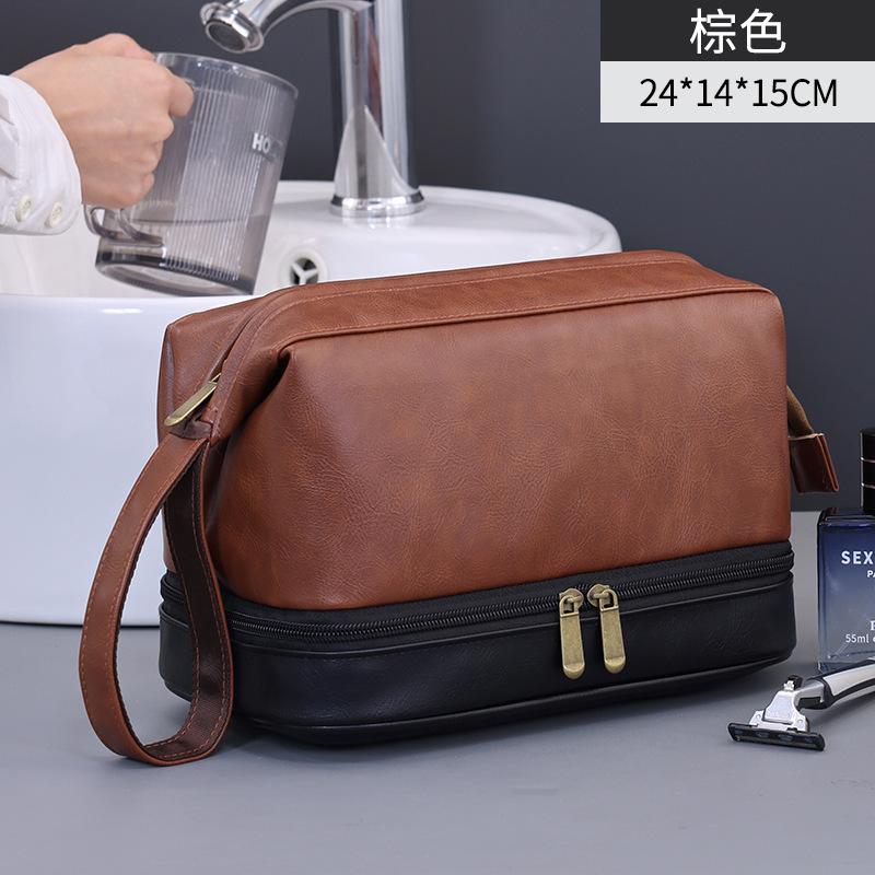 PU Leather Double Layer Toiletry Bag For Men Vintage Wet Dry Separation Cosmetic Bag Large Capacity Dopp Kit For Bathroom