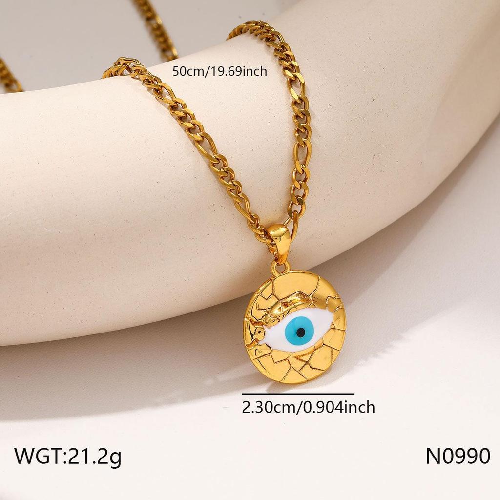 Retro Devil's Eye Pendant Necklace with Snake Bone Chain and Rhinestones, Stainless Steel and Titanium Steel.